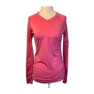 Nike Pro Combat Fitted Dri-Fit Tee Hot Pink Activewear Long Sleeve V-Neck‎ XS